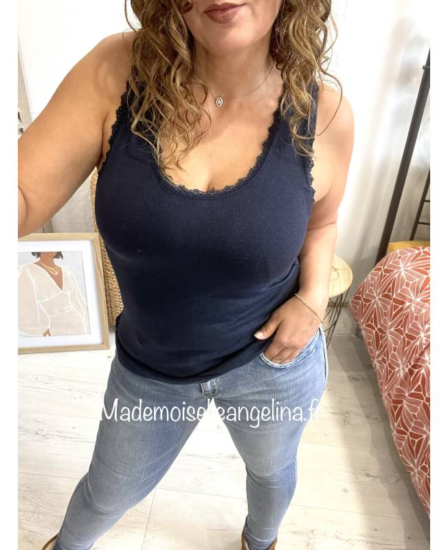 Top sans manches à col bénitier et dentelle - Marine