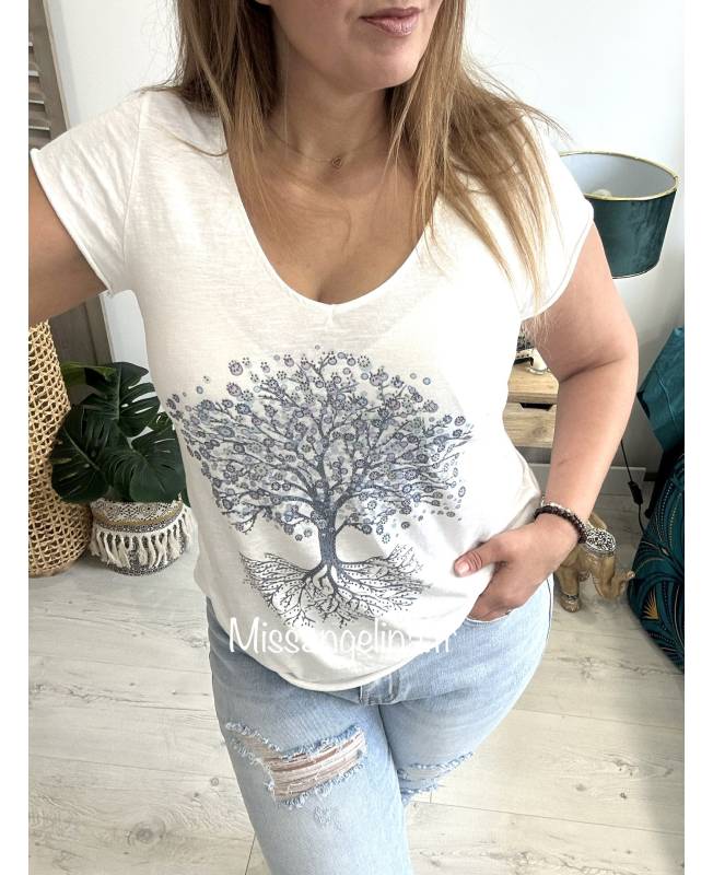 T-SHIRT DESSIN ARBRE DE VIE BLEU ET STRASS