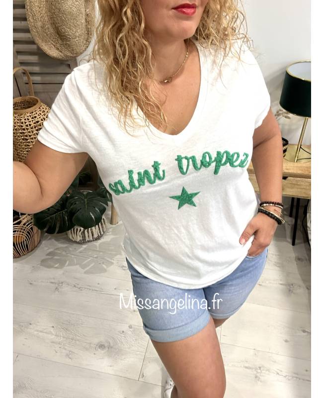 saint tropez tee-shirt blanc écrit en vert bresil made in italy
