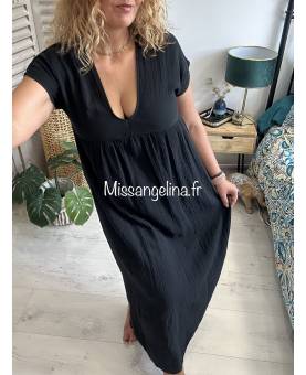 Robe longue myelaga noire manches courtes col en v décolleté, made in italy