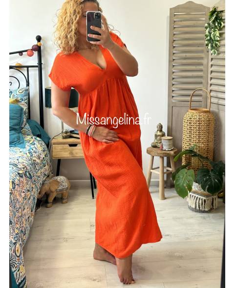 Robe orange femme longue chic en coton légère idéale pour lété