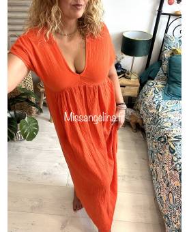 Robe myelaga longue et orange, manches courtes, col en v décolleté, made in italy