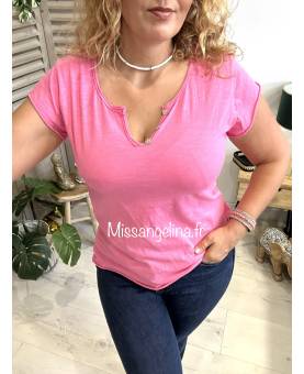 Tee-shirt Zadig rose fushia, col tunisien, manches courtes, basique, made in italy.