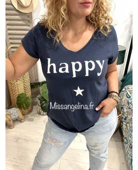 Tee-shirt bleu marine avec HAPPY et petite étoile brodée en blanc sur le devant, manches courtes, col en V, made in italy.