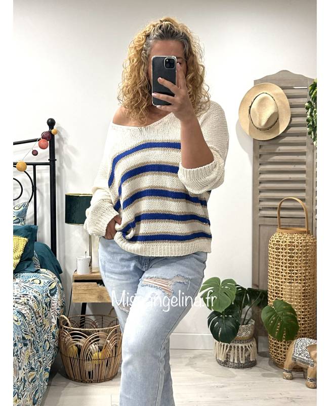 Pull col roulé côtelé avec rayures bicolores Enfant, Bleu | Milano