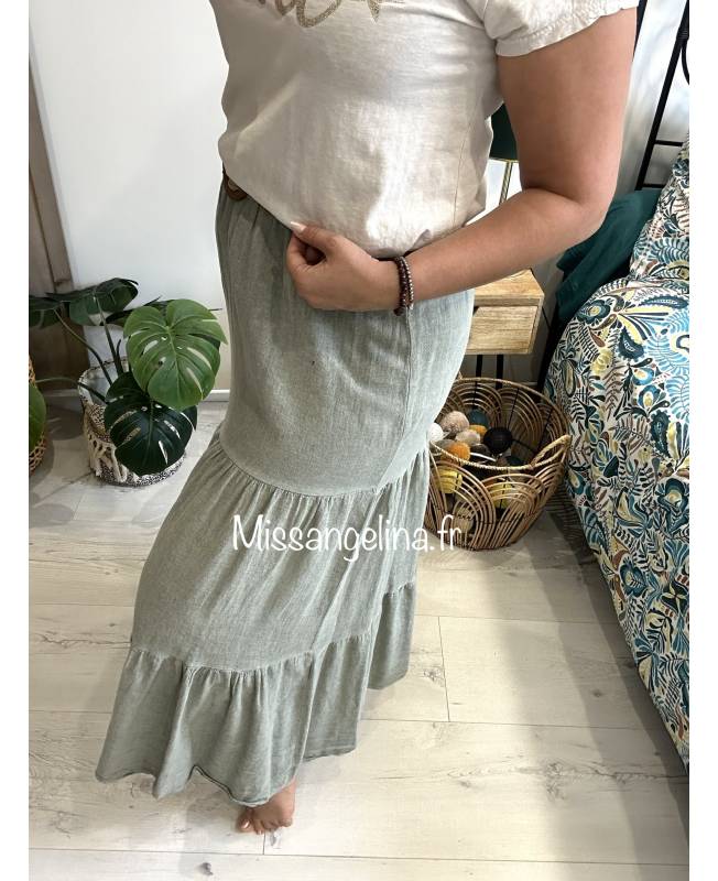 JUPE LONGUE ESPRIT JUPON ??VAS??E EN LIN KAKI AVEC CEINTURE. ENVOI RAPIDE.