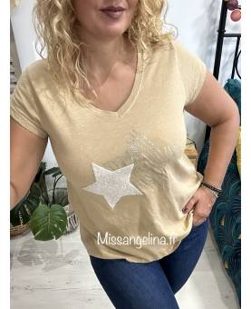 tee-shirt en coton camel avec deux grandes étoiles sur le devant