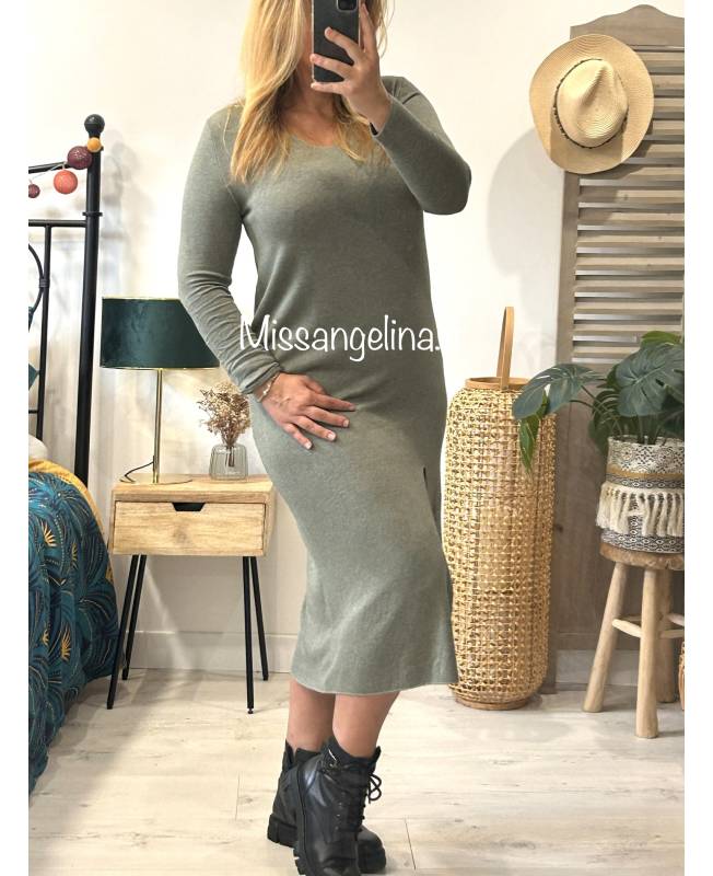 Robe longue kaki manche bouffante (SC208)