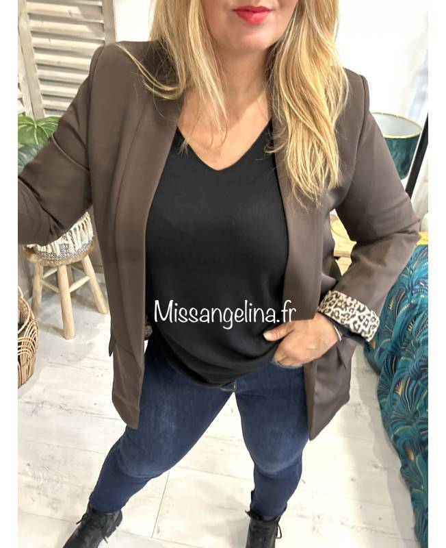 veste type blazer marron avec manches imprimé léopard