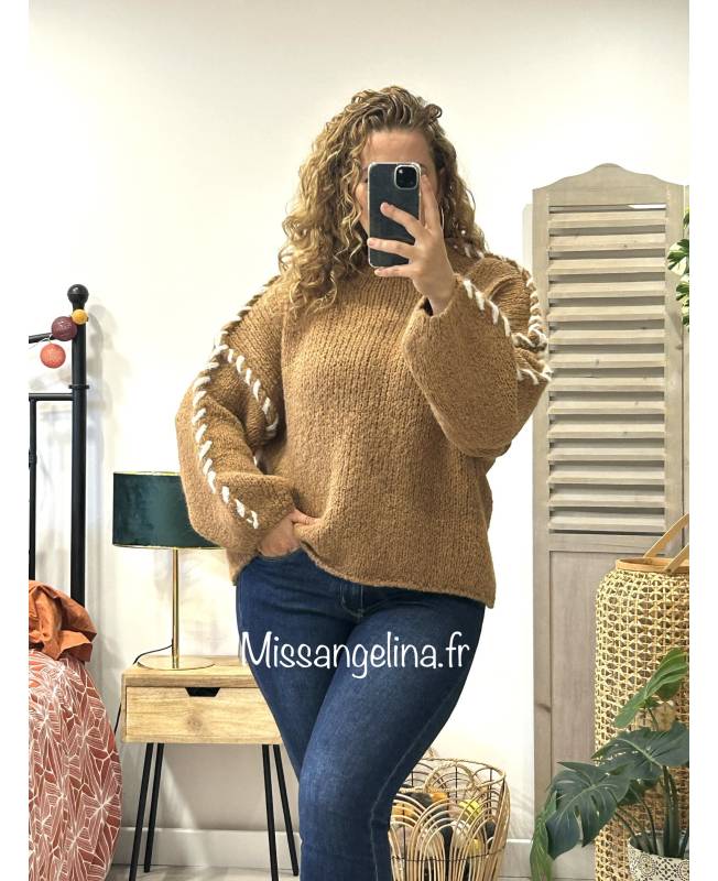 Pull Fille Adams – Beige – Surpiqûres Florales Et Pompons – 9 Ans – 100% Acrylique – Neuf