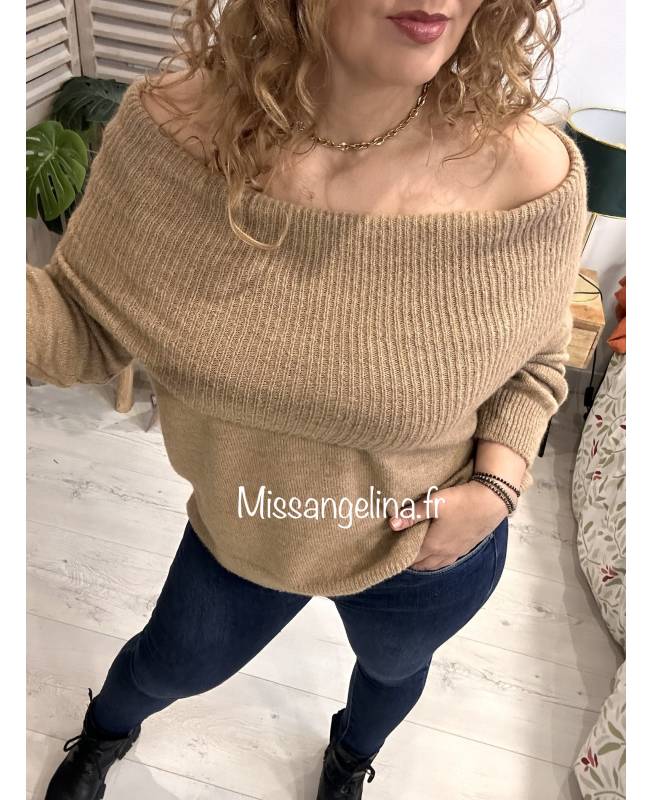 PULL BARDOT EN MAILLE CAMEL MADE IN ITALY