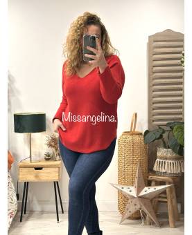 pull col v en jersey rouge sans couture apparentes, made in italy