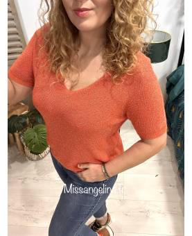 PULL ORANGE A PETITE MANCHE EN MAILLE LUREX MADE IN ITALY
