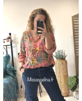 blouse en coton effet lin de couleur corail a motif tropical