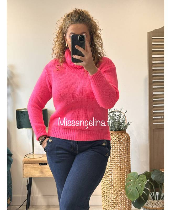 PULL COL ROULÉ ROSE FLUO. ENVOI RAPIDE.