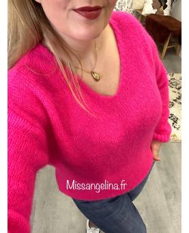 pull fushia col V en kid mohair made in italy