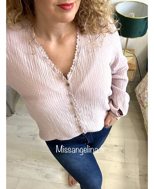 chemise rose en gazze de coton avec col en broderie anglaise