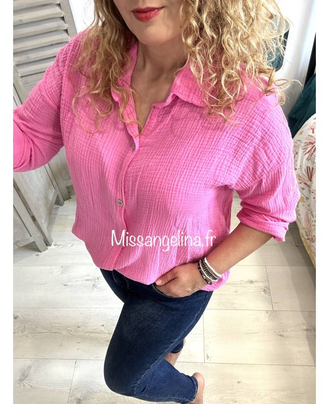 CHEMISE OVERSIZE EN GAZE DE COTON FUSHIA