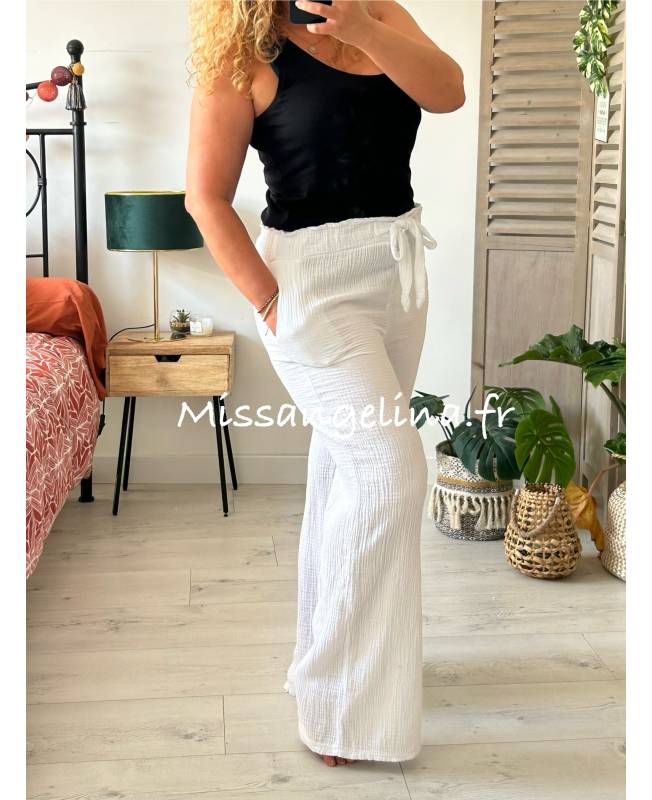 Pantalon femme blanc fluide best sale