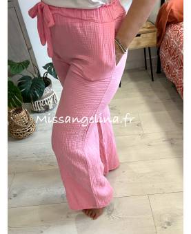 PANTALON LARGE EN GAZE DE COTON ROSE MADE IN ITALY