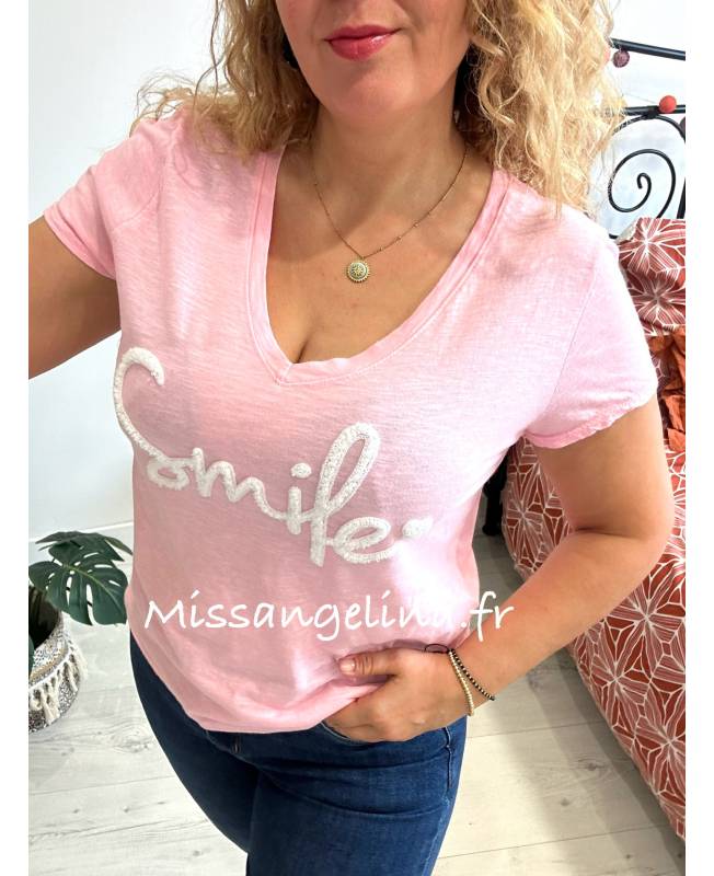 smile t-shirt rose en coton