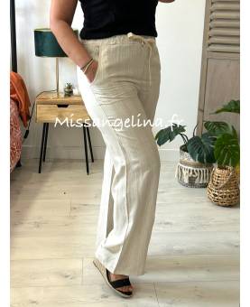 pantalon en lin beige avec des fines rayures beige et argentées