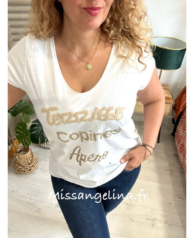 terrasse copine apero t-shirt blanc et doré en coton made in italy