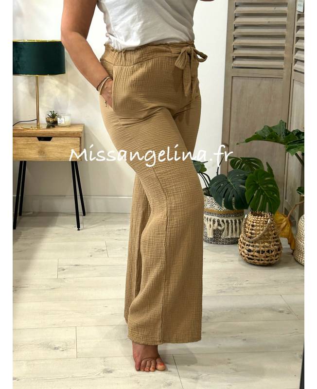 pantalon camel en gaze de coton