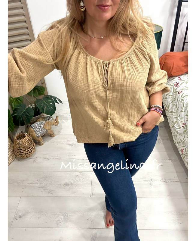 blouse col bardot en gaze de coton