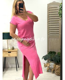 robe longue col en v en coton italien fushia