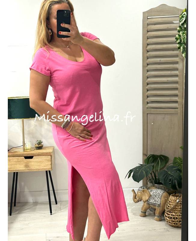 robe longue col en v en coton italien fushia