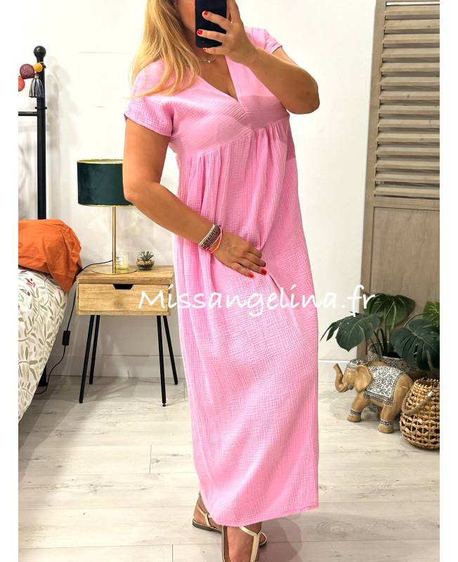 robe longue en gaze de coton rose