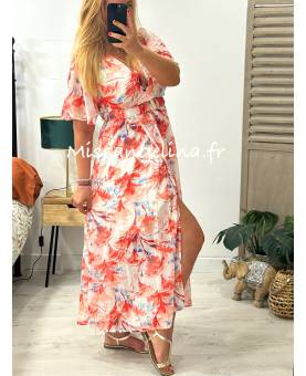 robe longue en voile fendu sur le côté de couleur corail