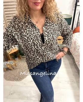 CHEMISE EN GAZE DE COTON LEOPARD BEIGE ET MARRON