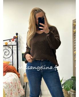 PULL COL V EN MAILLE MARRON