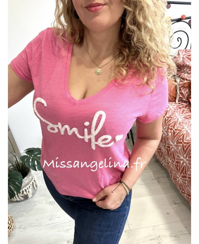 t-shirt en coton smile de couleur fushia t-shirt en coton smile de couleur fushia