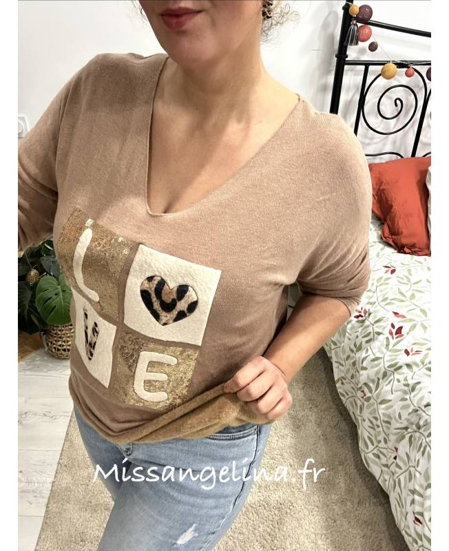 pull fin en molleton camel love