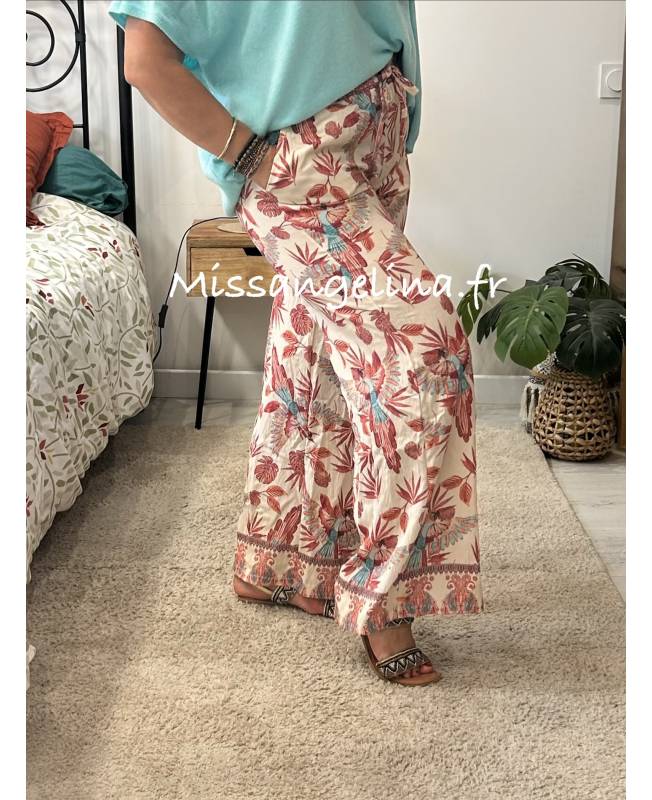 pantalon fluide turquoise et rose