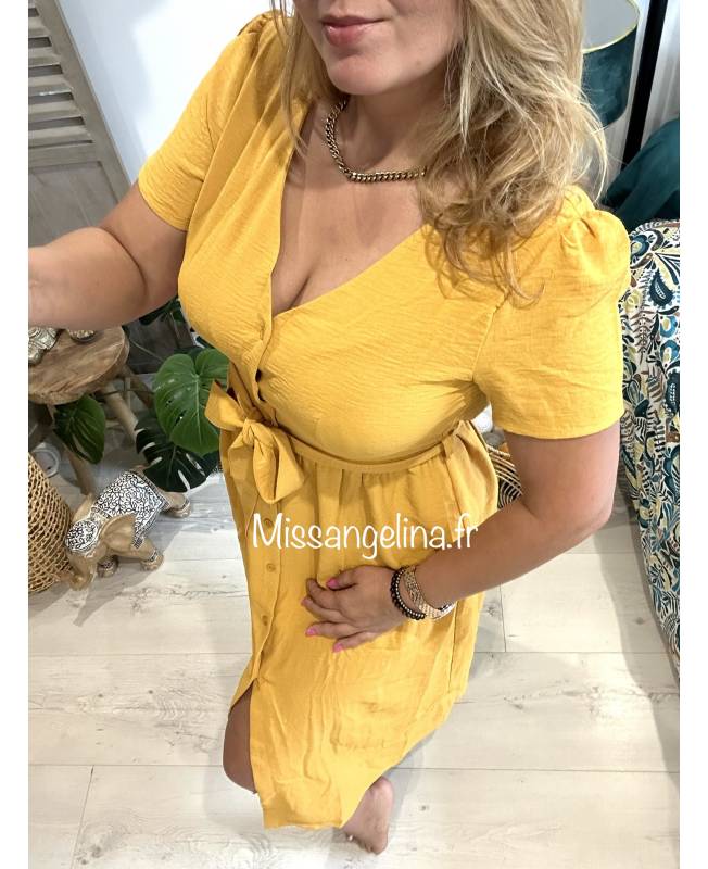 ROBE CHEMISE JAUNE MOUTARDE AVEC CEINTURE TAILLE HAUTE