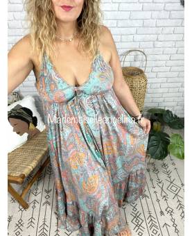ROBE LONGUE STYLE BOHÈME MOTIF CACHEMIRE SUR FOND TURQUOISE