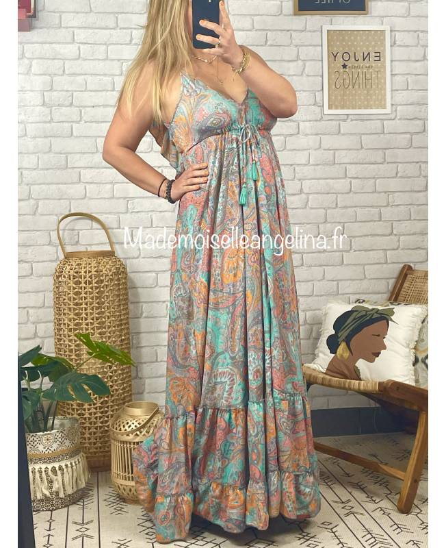 ROBE LONGUE EN TISSUS SOYEUX IMPRIME CACHEMIRE