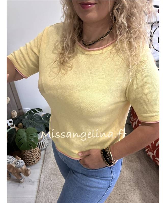 PULL EN COTON JAUNE A PETITES MANCHES