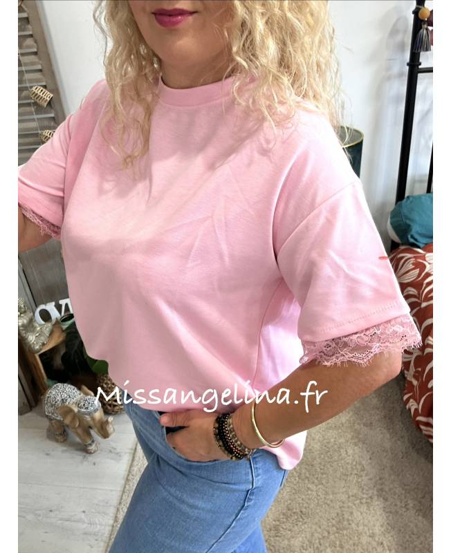 tee-shirt rose dos dentelle