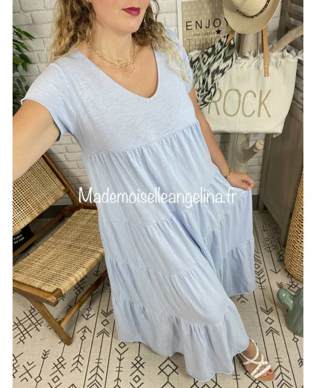 Robe Artisanale En Polyester Froissé Bleu Ciel - Taille L, Matière Légère