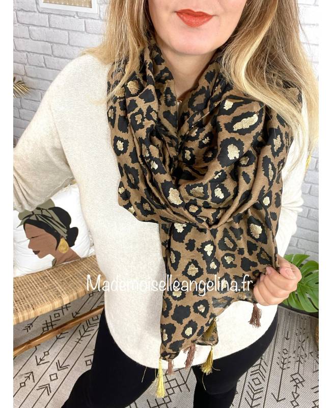 Grand Foulard En Coton RODIER - Imprimé Léopard Sur Fond Bleu Clair, 86x180 Cm - Neuf Sans étiquette