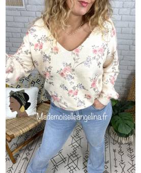 pull col V motif fleuris beige matiere recyclé made in italy