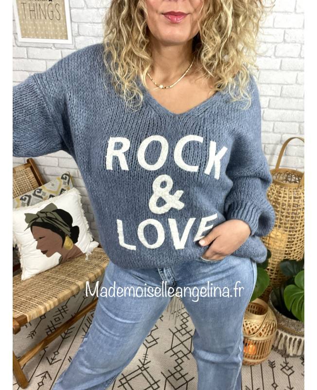 pull oversize col V rock & love bleu jeans made in italy