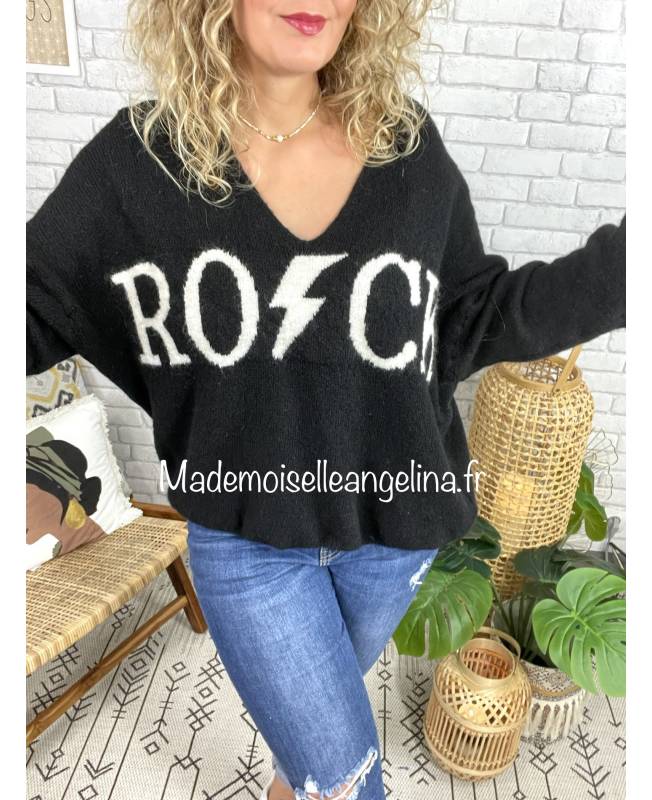 pull rock éclair made in italy noir maille oversize