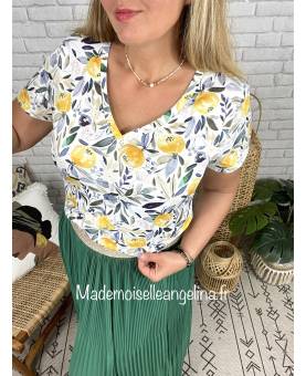 tee shirt coton col V motif citron fleur