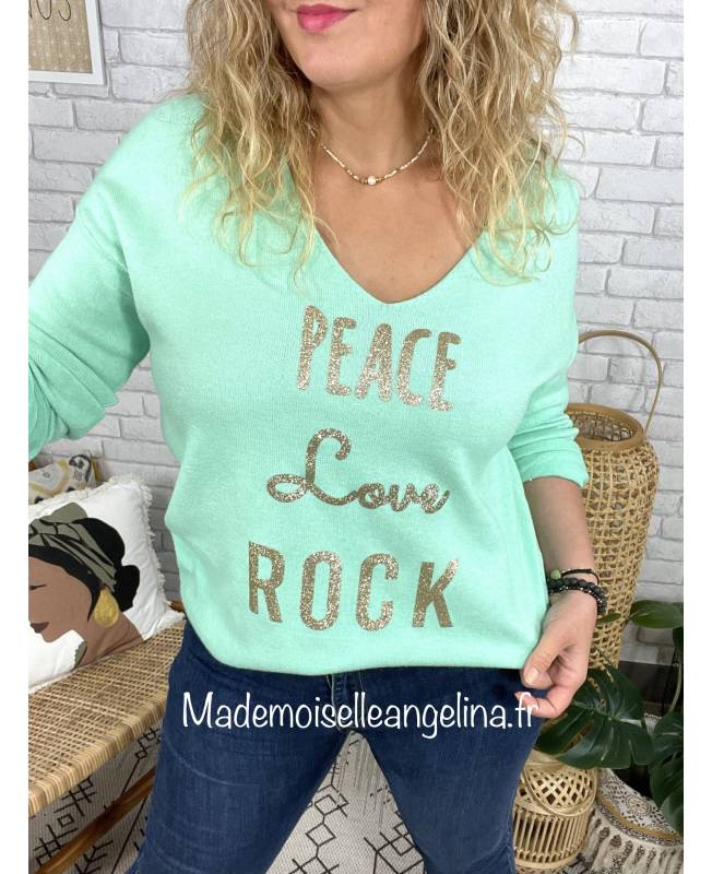 pull fin col V peace love rock made in italy vert d'eau